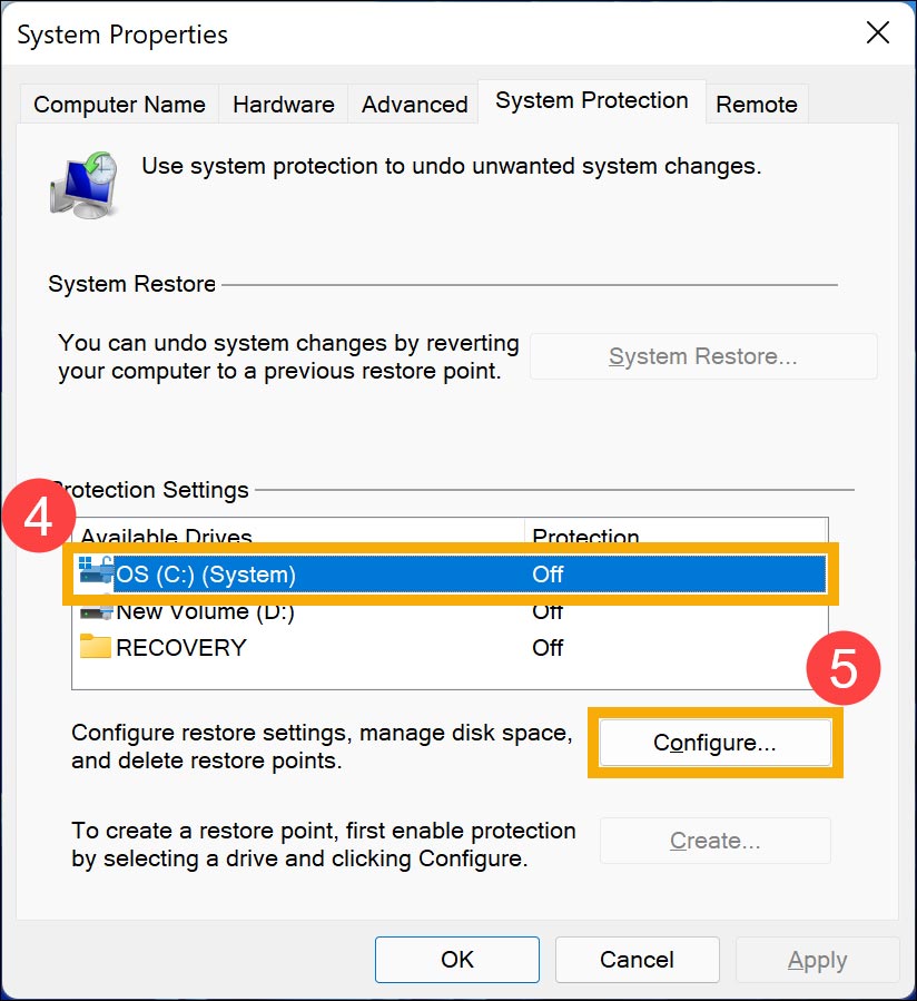 گزینه Configure در تنظیمات restore point