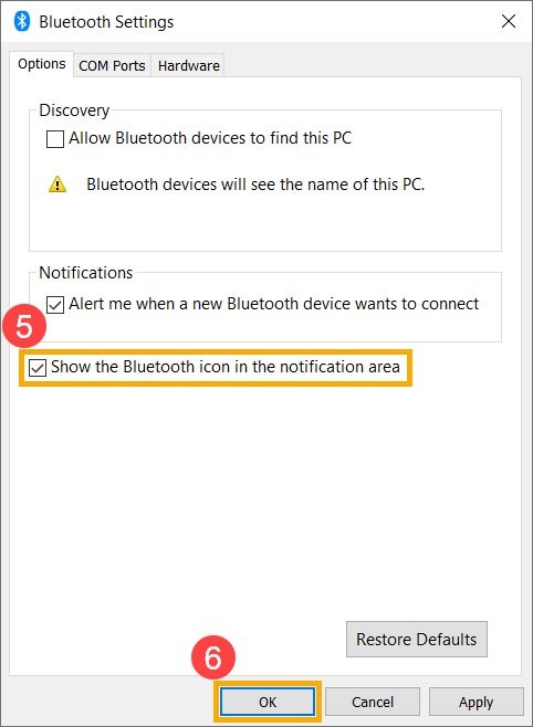 Show the Bluetooth icon in the notification area