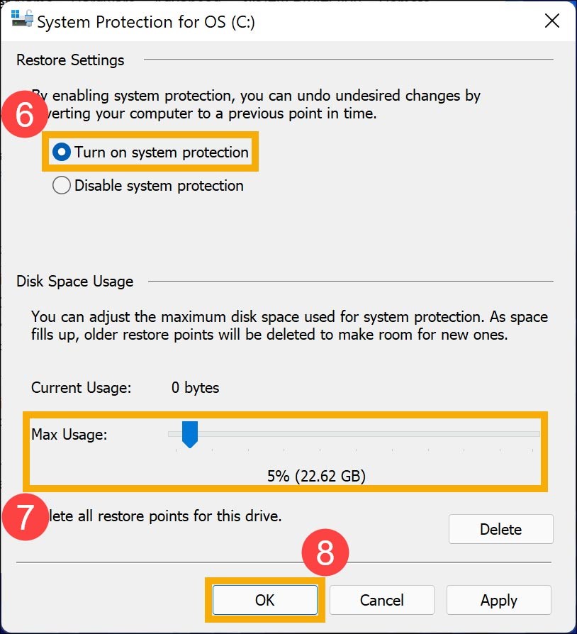 گزینه Turn on system protection 