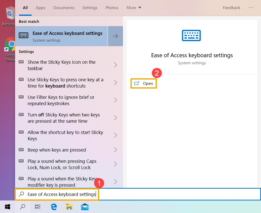 Ease of Access keyboard settings 