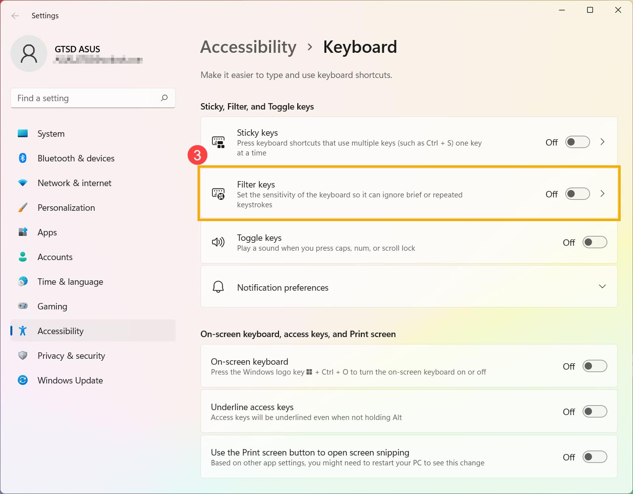 غیر فعال سازی قابلیت Filter keys کیبورد