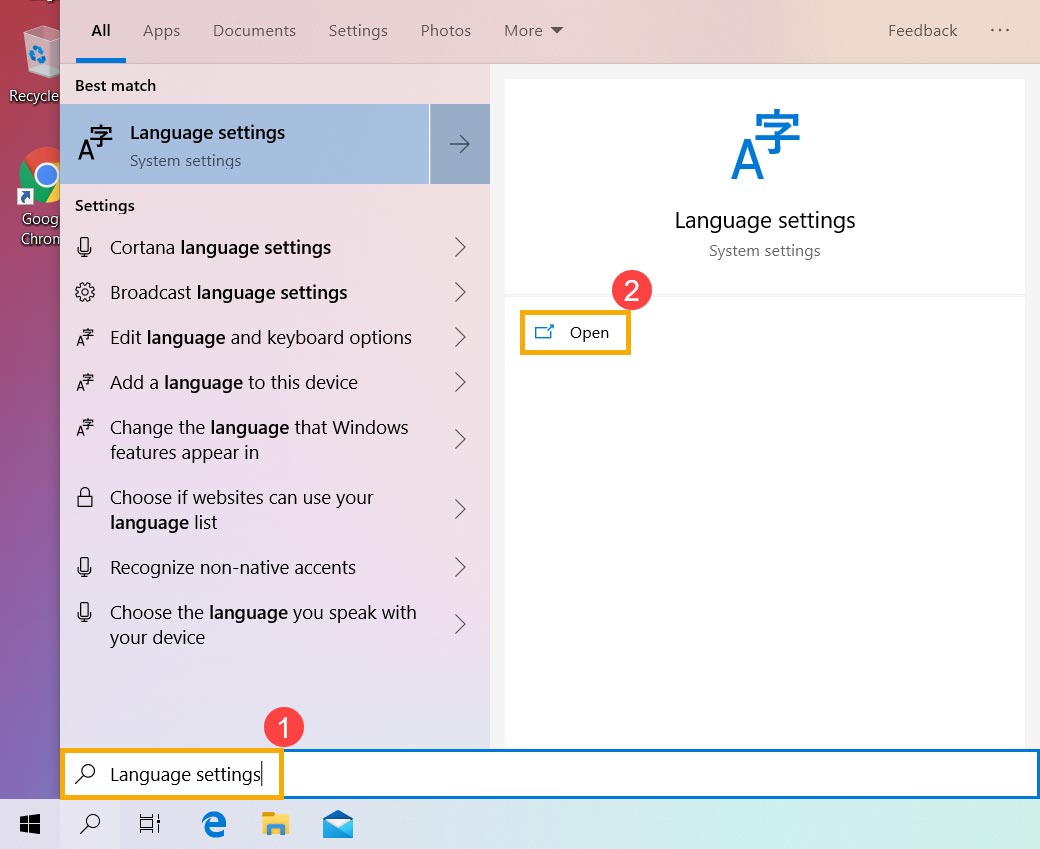 جستجوی Language settings در ویندوز 10