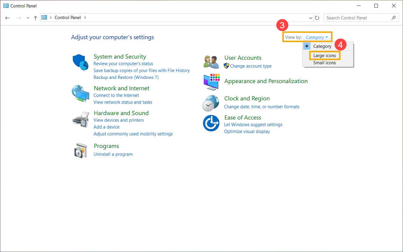 انتخاب Large icons در کنترل پنل ویندوز 10