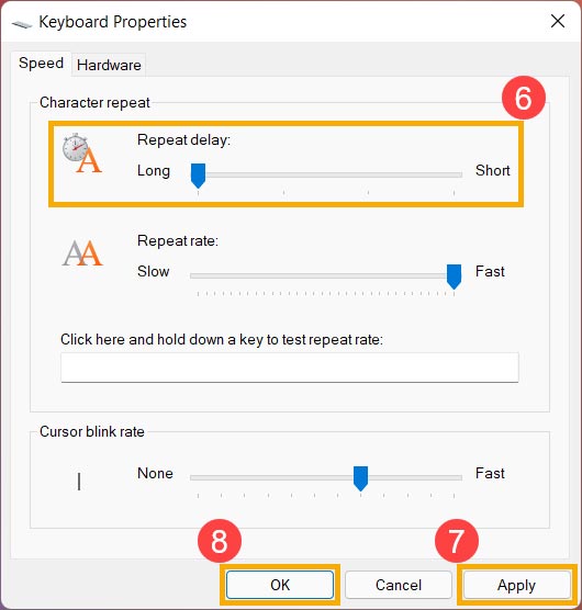 اسلایدر Repeat delay در تنظیمات کیبورد ویندوز