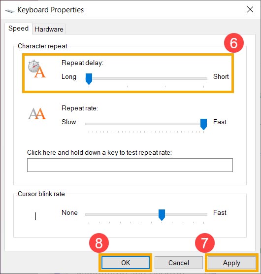 تنظیم اسلایدر Repeat delay کیبورد در ویندوز 10