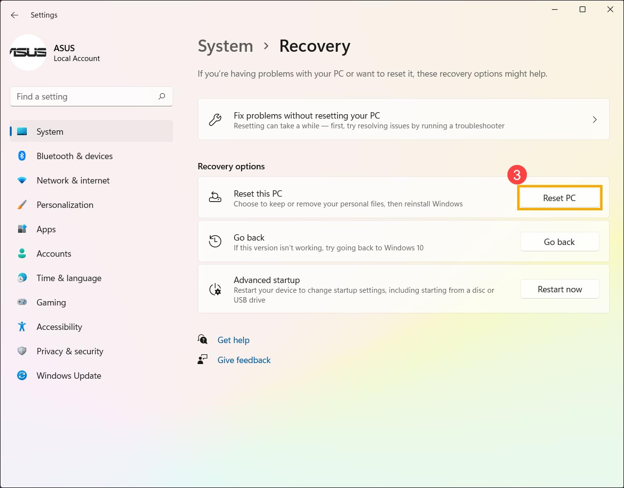 گزینه Reset PC