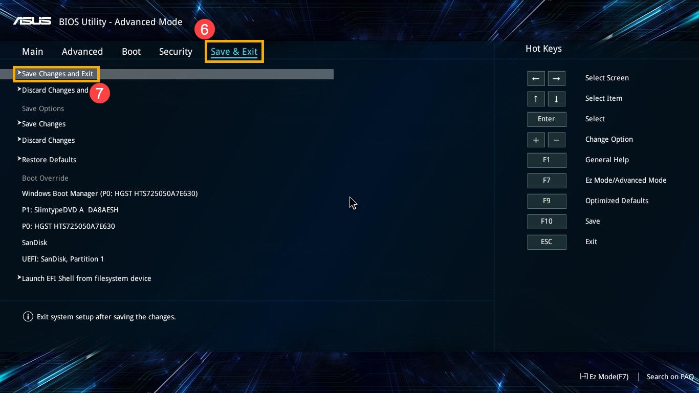 بخش Save & Exit بایوس uefi