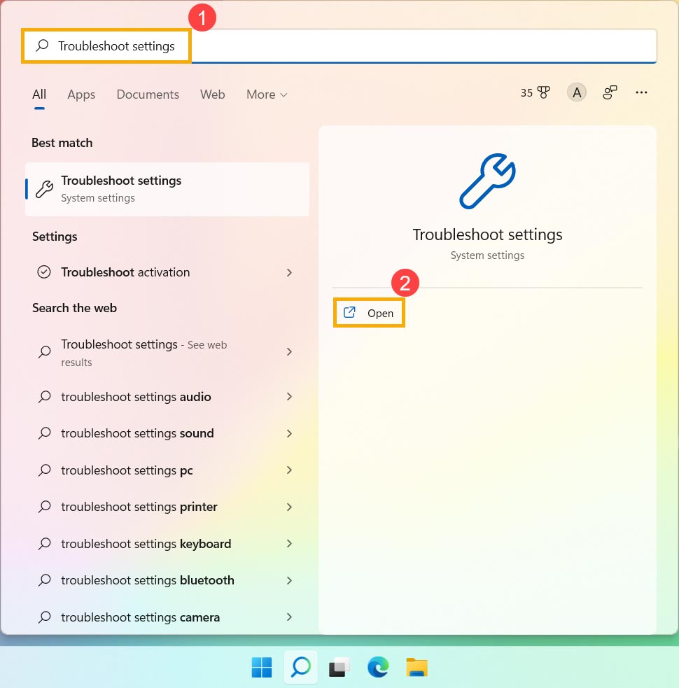 تایپ Troubleshoot settings در جستجوگر ویندوز