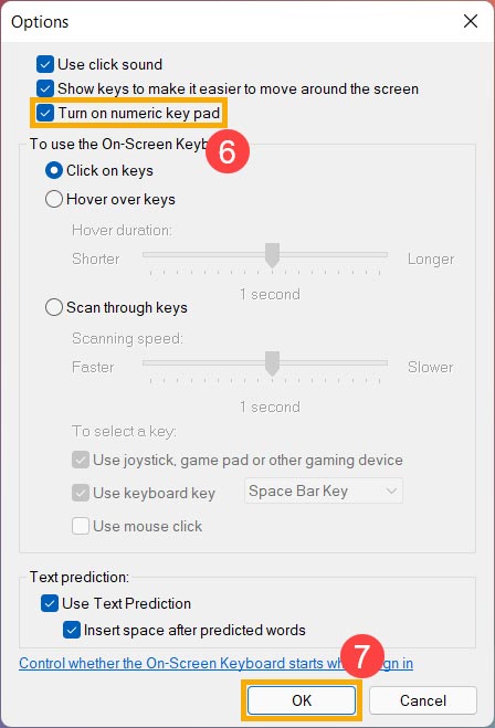 گزینه Turn on numeric key pad در کیبورد مجازی ویندوز