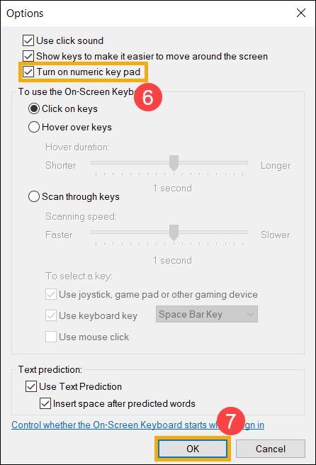 گزینه Turn on numeric key pad